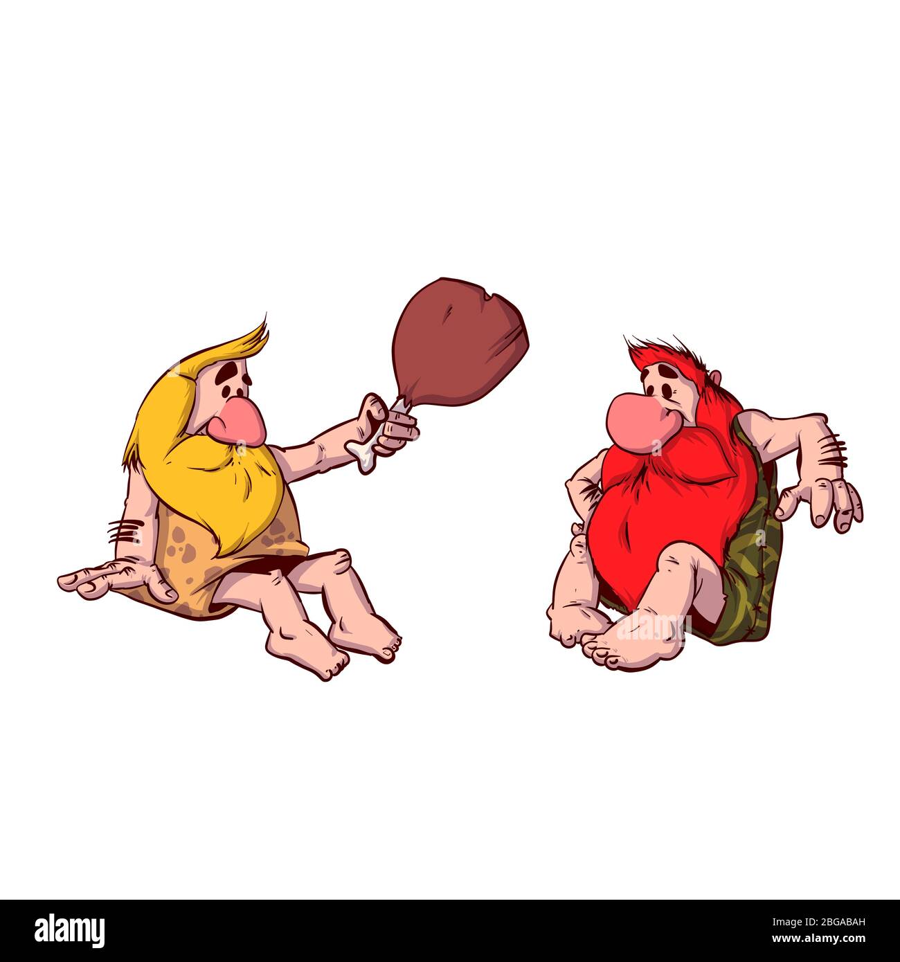 Cartoon-Illustration von zwei Höhlenmenschen sitzen zusammen und reden rund um das Lagerfeuer. Stock Vektor