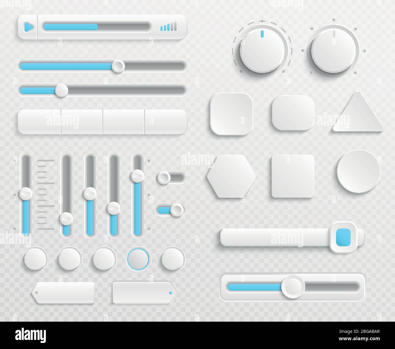 Weiße Web-Buttons und ui-Schieberegler Vektor-Set isoliert auf transparentem Hintergrund. Schnittstelle für Web-Navigation und ui für Video-und Musiksteuerung Illustration Stock Vektor