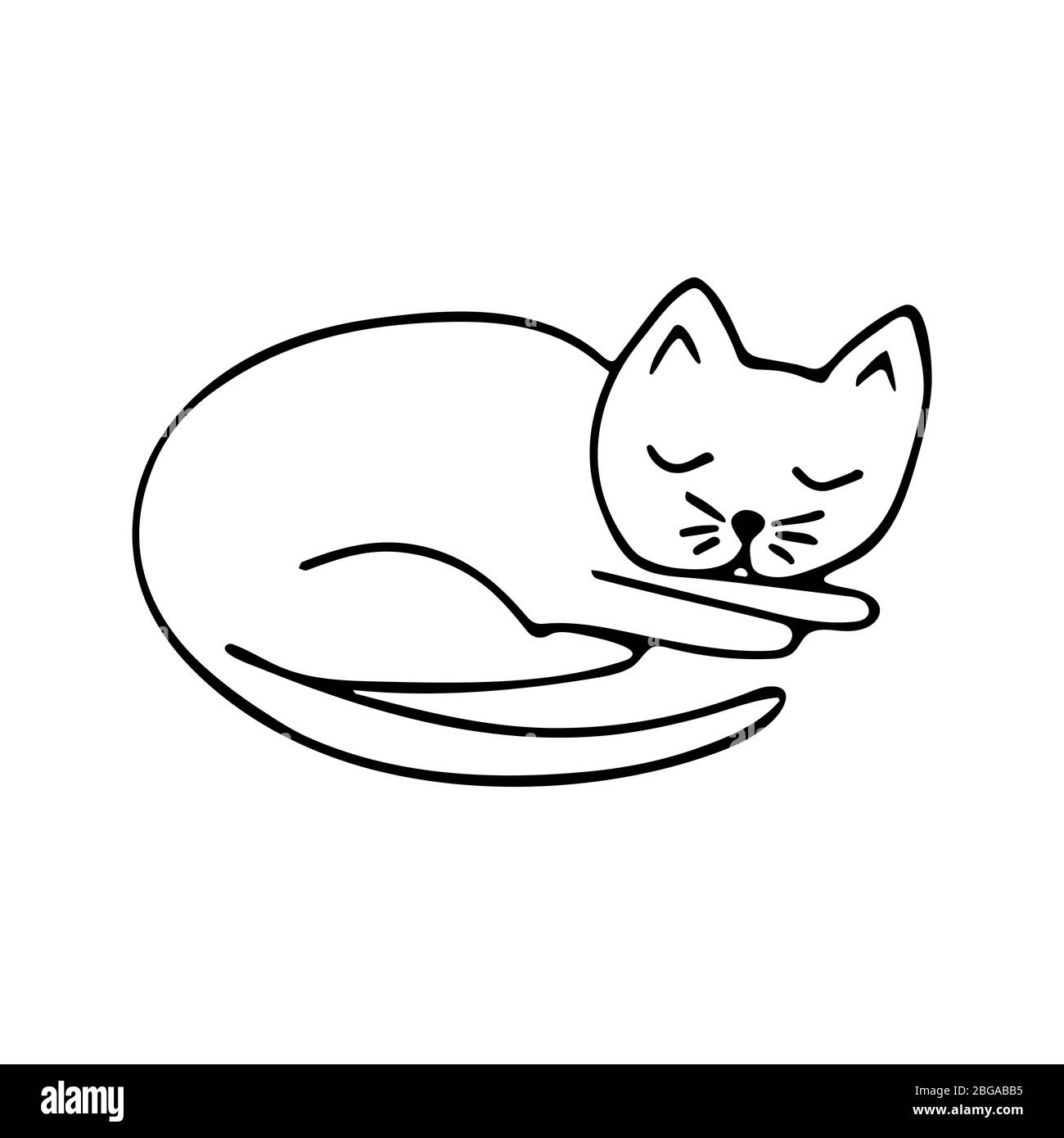 Doodle schlafende Katze schwarz-weiß Illustration auf weißem Hintergrund. Niedliche Tiervektoren Stock Vektor