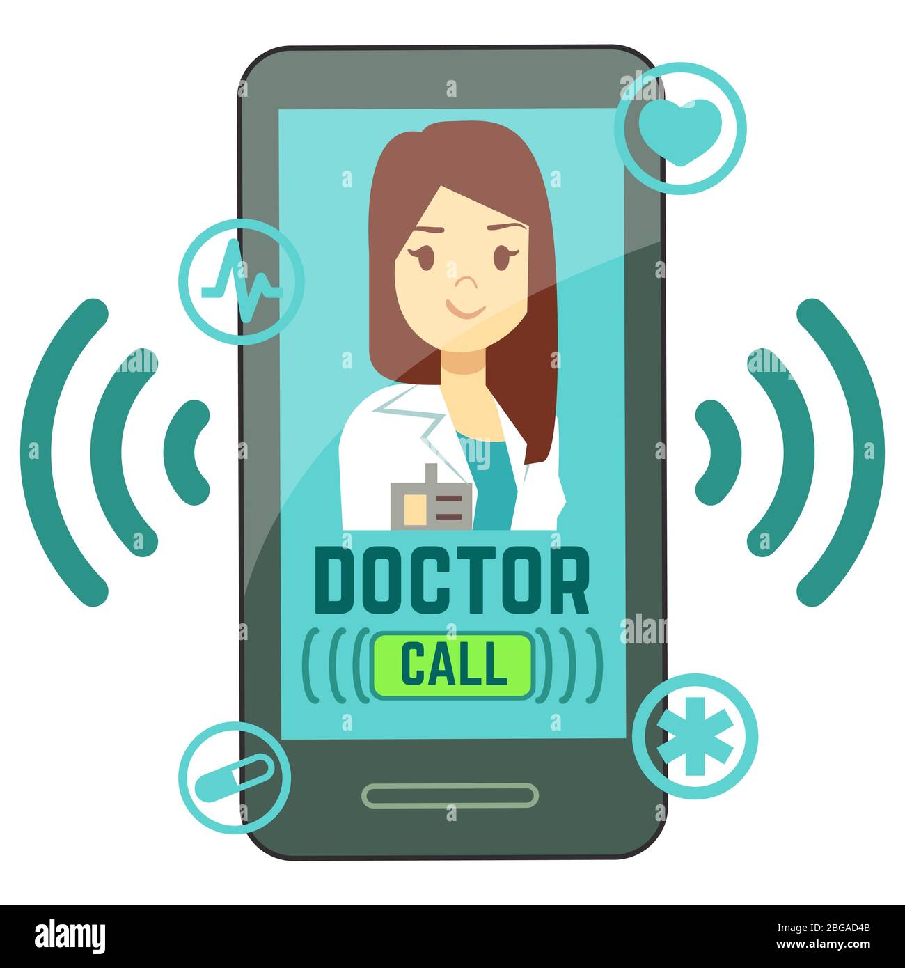 Flat mobile Arzt, personalisierte Medizin Berater auf Smartphone-Bildschirm. Medizin online, Beratung Arzt auf Smartphone-App. Vektorgrafik Stock Vektor
