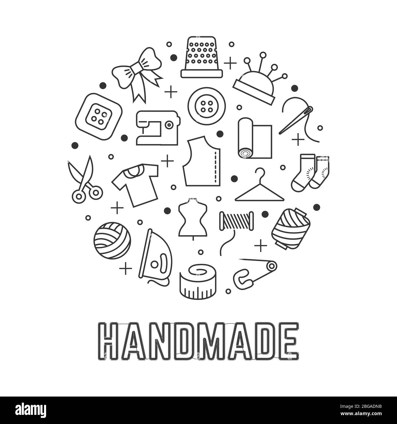 Handgefertigtes rundes Logo-Design mit taylor Nähen lineare Icons isoliert auf weißem Hintergrund. Nähzubehör, Handarbeiten und Schneider. Vektorgrafik Stock Vektor