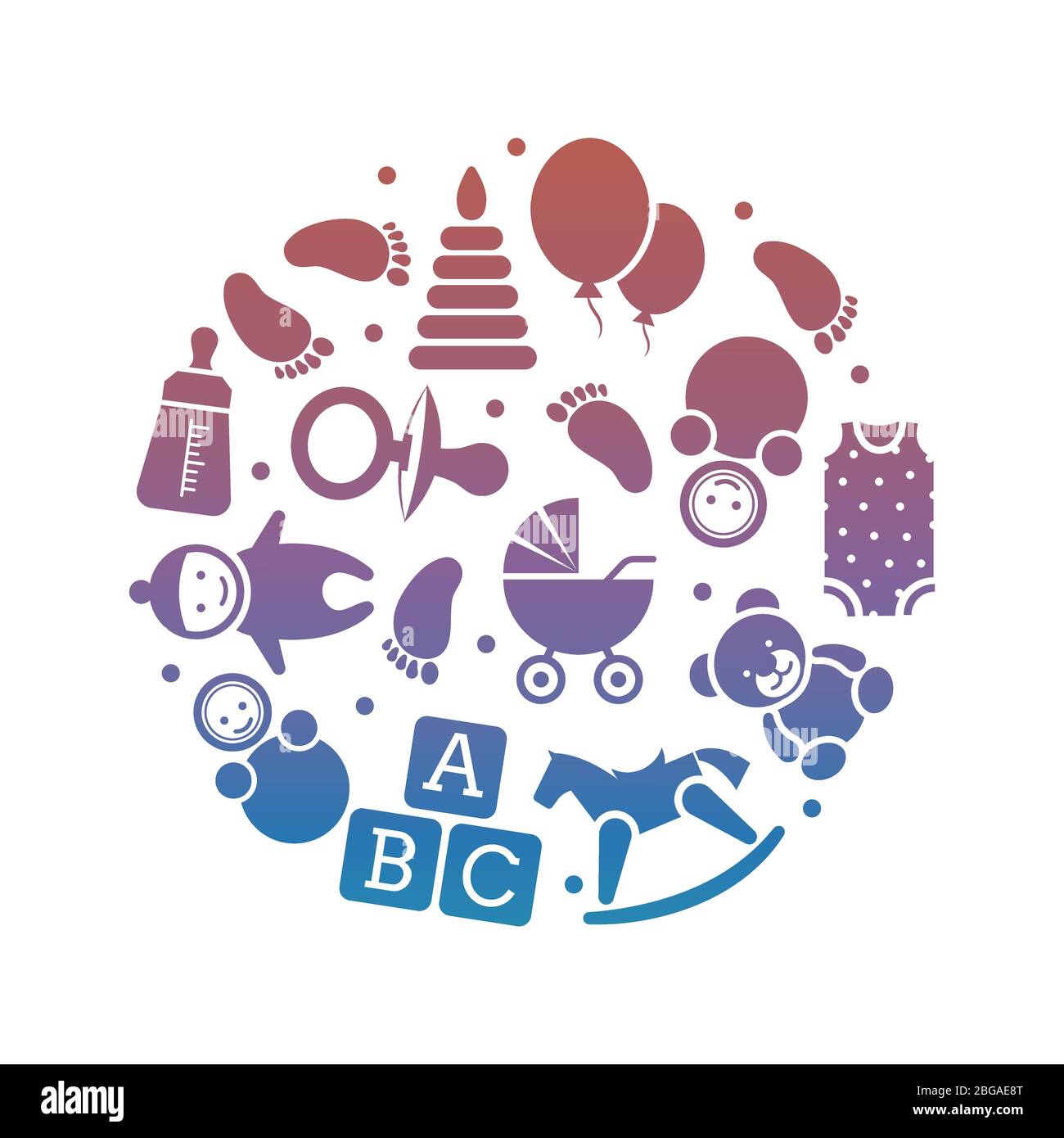 Helles Babybanner mit niedlichen Spielzeugen und Accessoires isoliert auf weiß. Vektorgrafik Stock Vektor