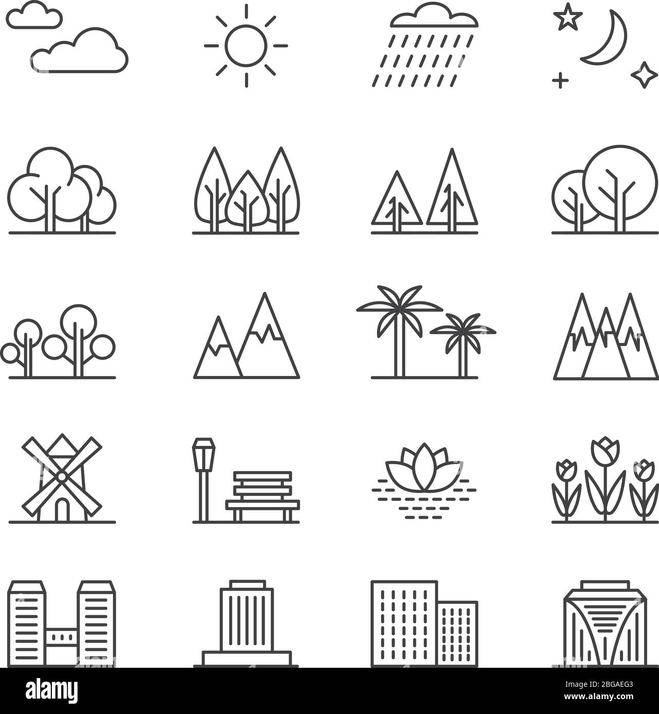 Natur Landschaft Linie Vektor-Elemente und Häuser. Skizzieren Sie die Symbole von Bäumen und Bergen. Stadtgebäude und grüne Baumumrissdarstellung Stock Vektor