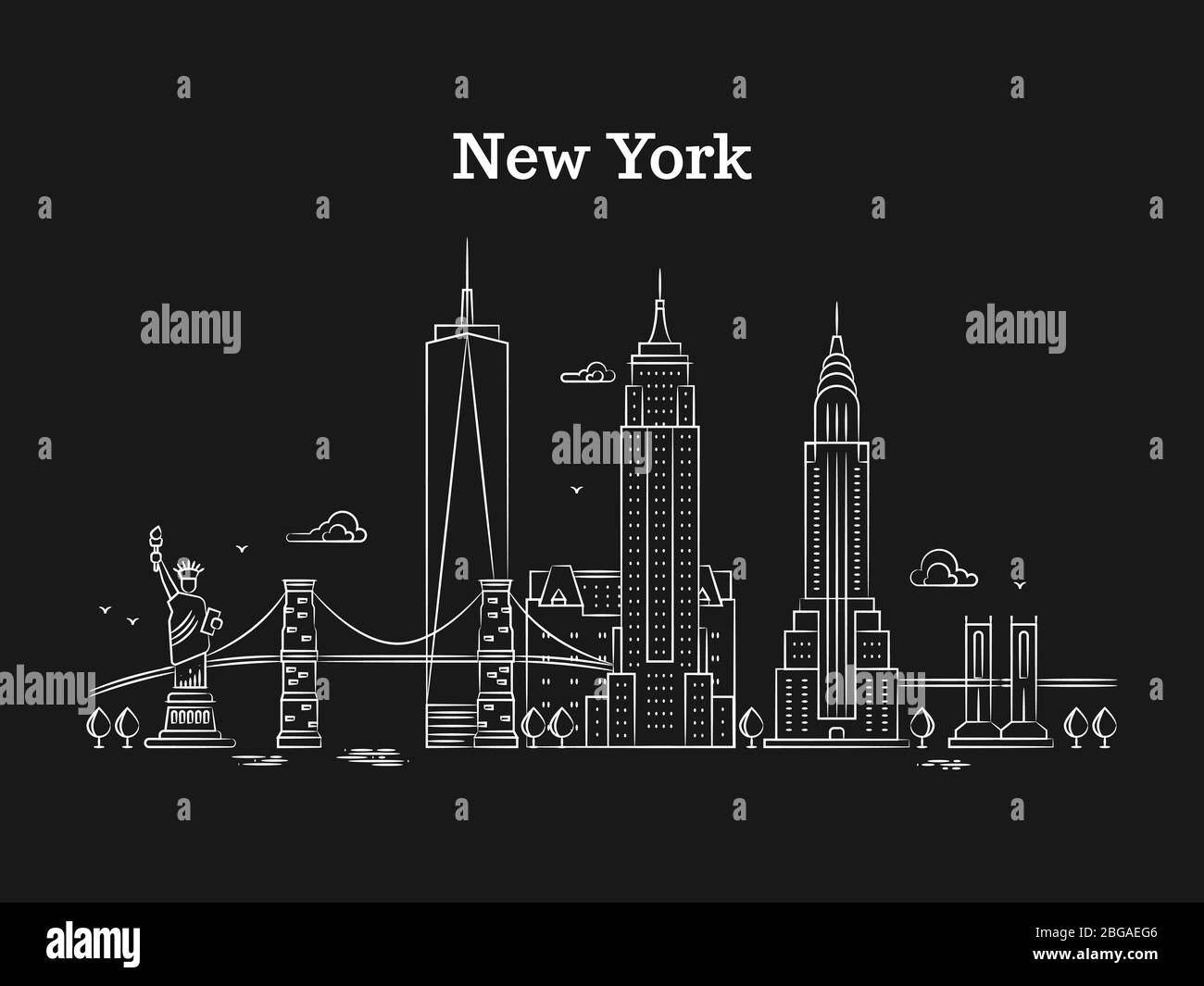 Weißes, lineares New York-Panorama mit Brücken, Wolkenkratzern und Sehenswürdigkeiten auf schwarzem Hintergrund. Vektorgrafik Stock Vektor