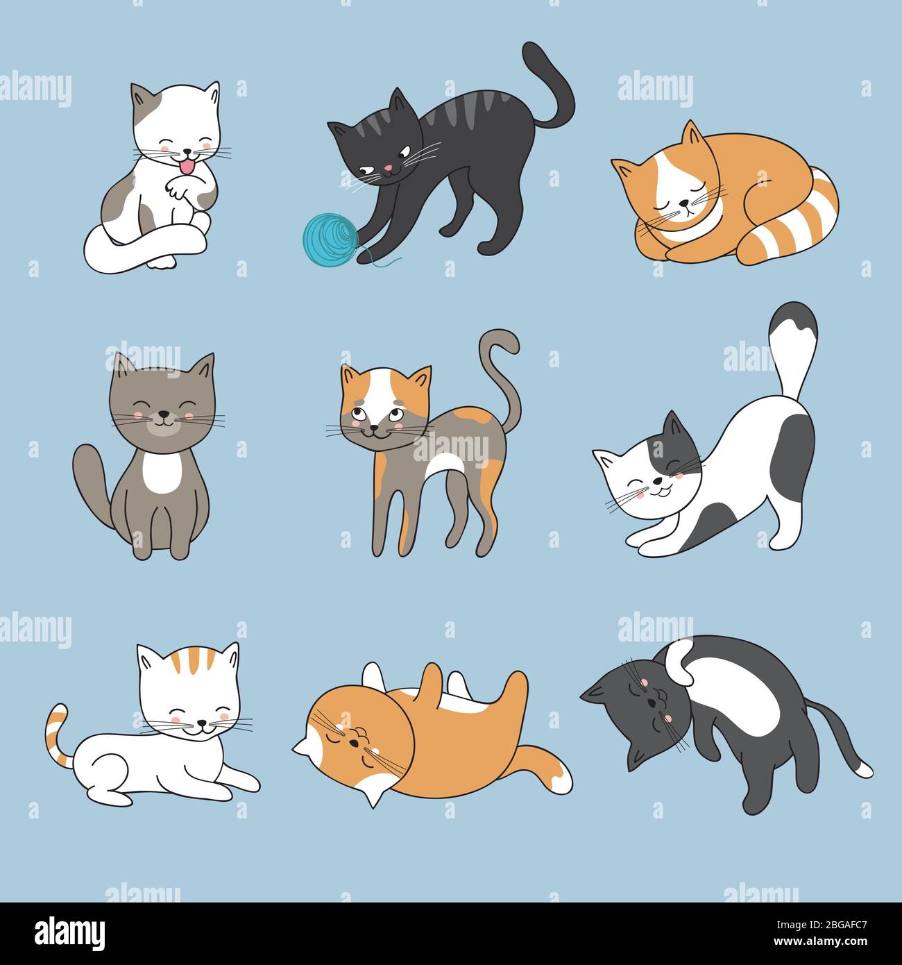Hand Zeichnung niedlichen Katzen. Vector Kitty Kollektion. Tier Kitty od set, Cartoon Katze Charakter Illustration Stock Vektor