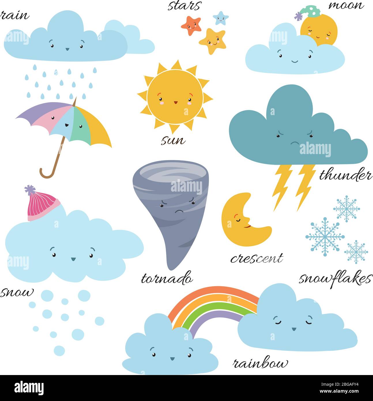 Niedliche Cartoon Wetter Symbole. Vorhersage Meteorologie Vektor Wortschatz Symbole. Sonne und Wolken, Regen und Schneeflocken Stock Vektor