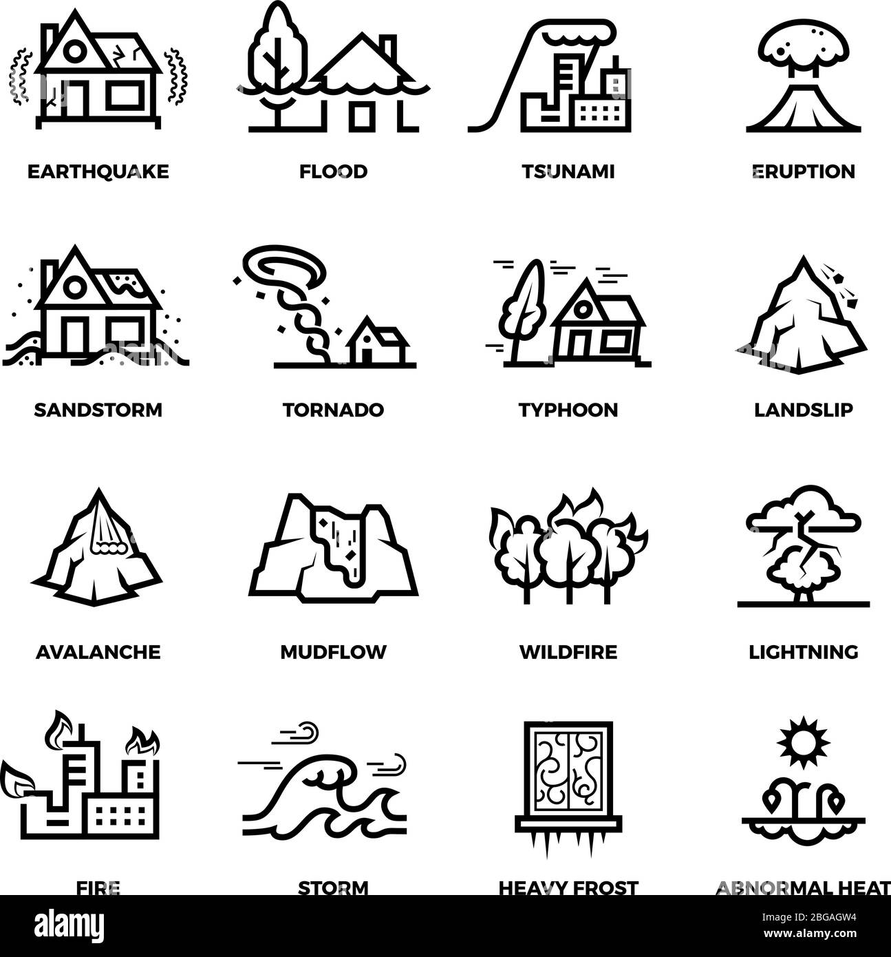 Natürliche Katastrophe Unfälle Linie VektorSymbole und Schäden Symbole