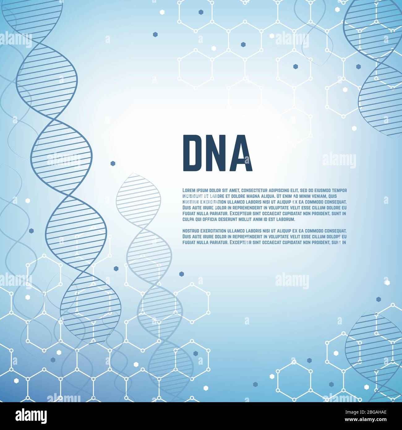 Abstrakter genetischer wissenschaftlicher Vektor Hintergrund mit dna-Modell des menschlichen Chromosomenmoleküls. DNA-Modell Banner, Zelle und Chromosom molekulare Darstellung Stock Vektor