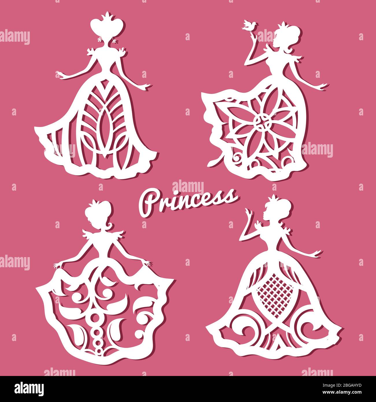 Romantische Prinzessin in Spitzen Brautkleider mit geschnitztem Muster. Spitze Prinzessin Figur Rahmen, Vektor-Illustration Stock Vektor