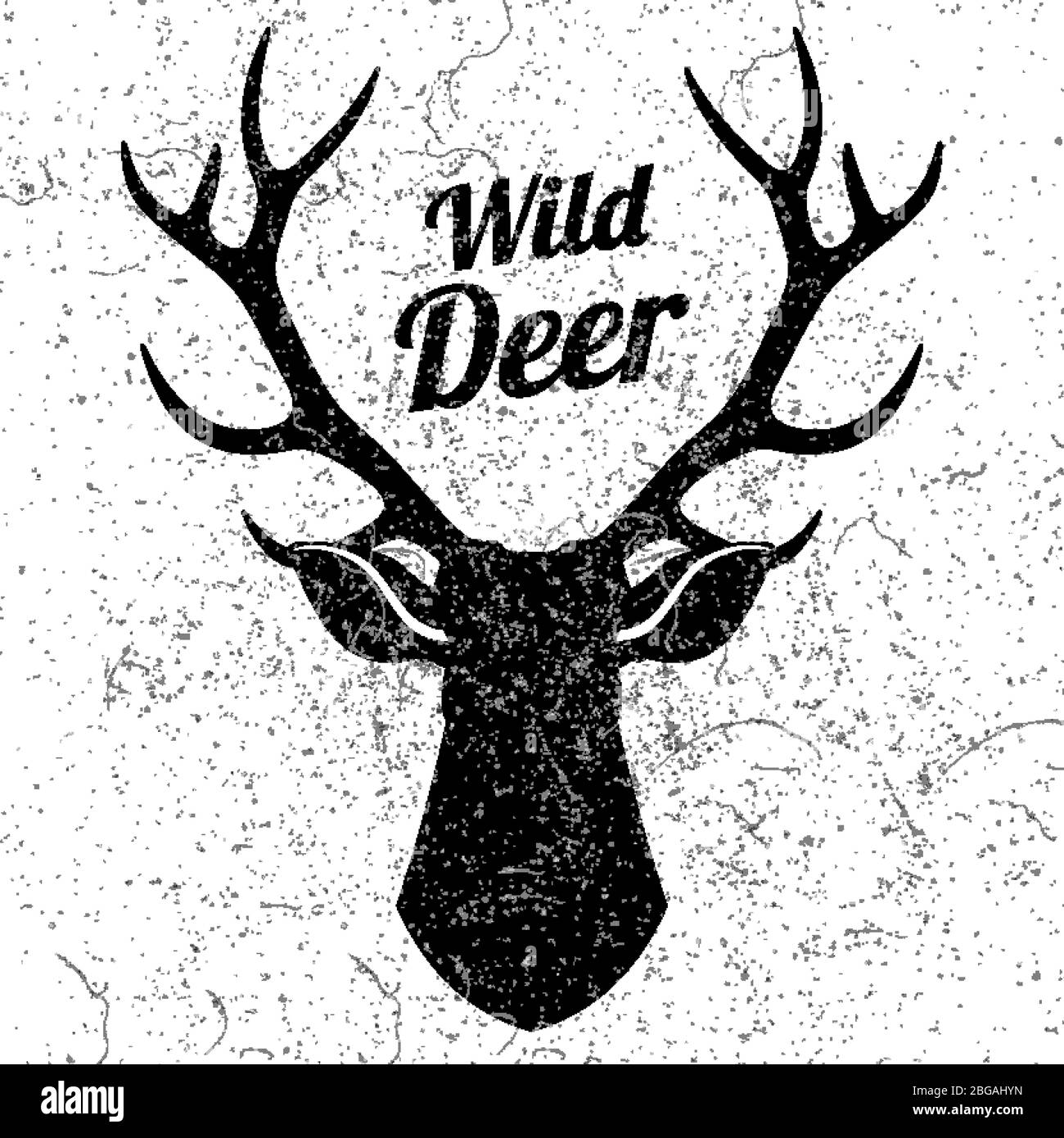 Wildhirsch-Logo mit Grunge-Effekt. Vektor Hirsch Logo Silhouette, Zeichnung Maskottchen Säugetier monochrom Profil Illustration Stock Vektor