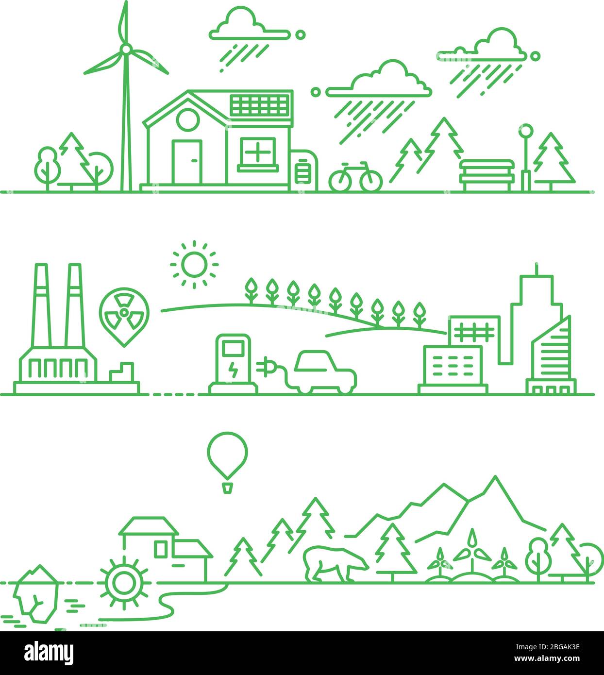 Skizzieren Sie die Öko-Stadt. Zukunft ökologische grüne Umwelt und Ökosystemvektorkonzept. Umwelt Ökosystem Baum und Sonne, Energie Solar Illustration Stock Vektor