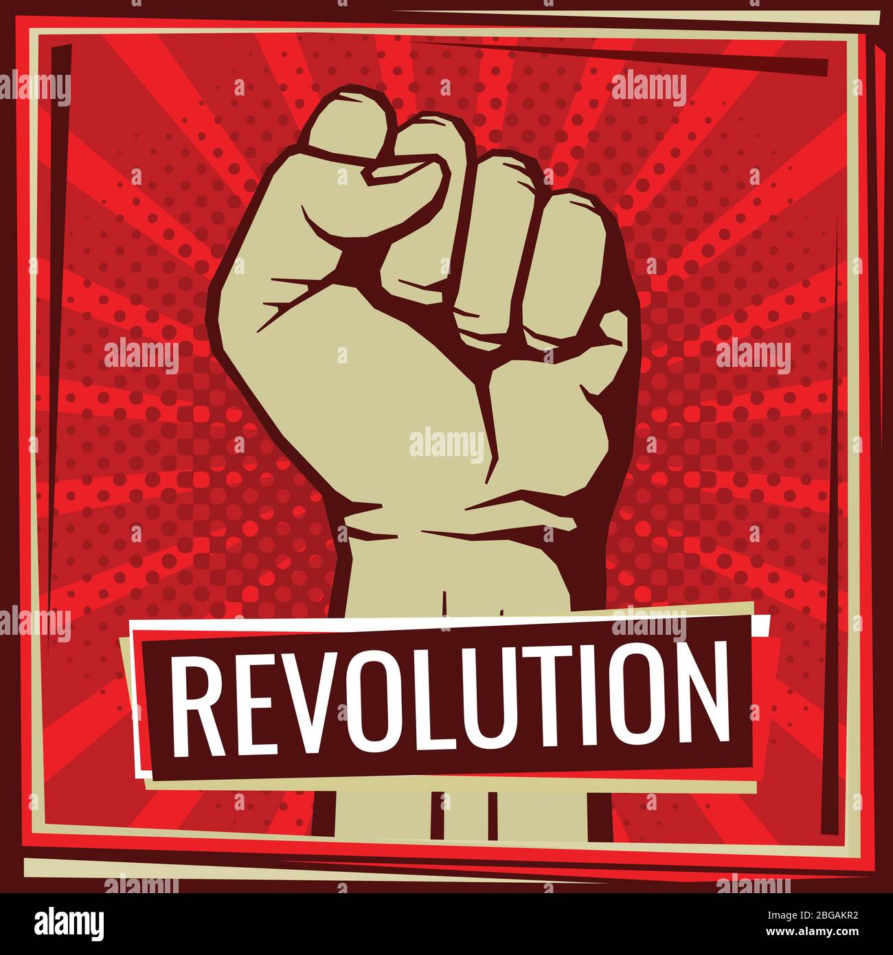 Revolution Kampf Vektor Poster mit Arbeiter Hand Faust angehoben. Illustration der Faust Arbeiter, Rebellen und Protestrevolution Stock Vektor