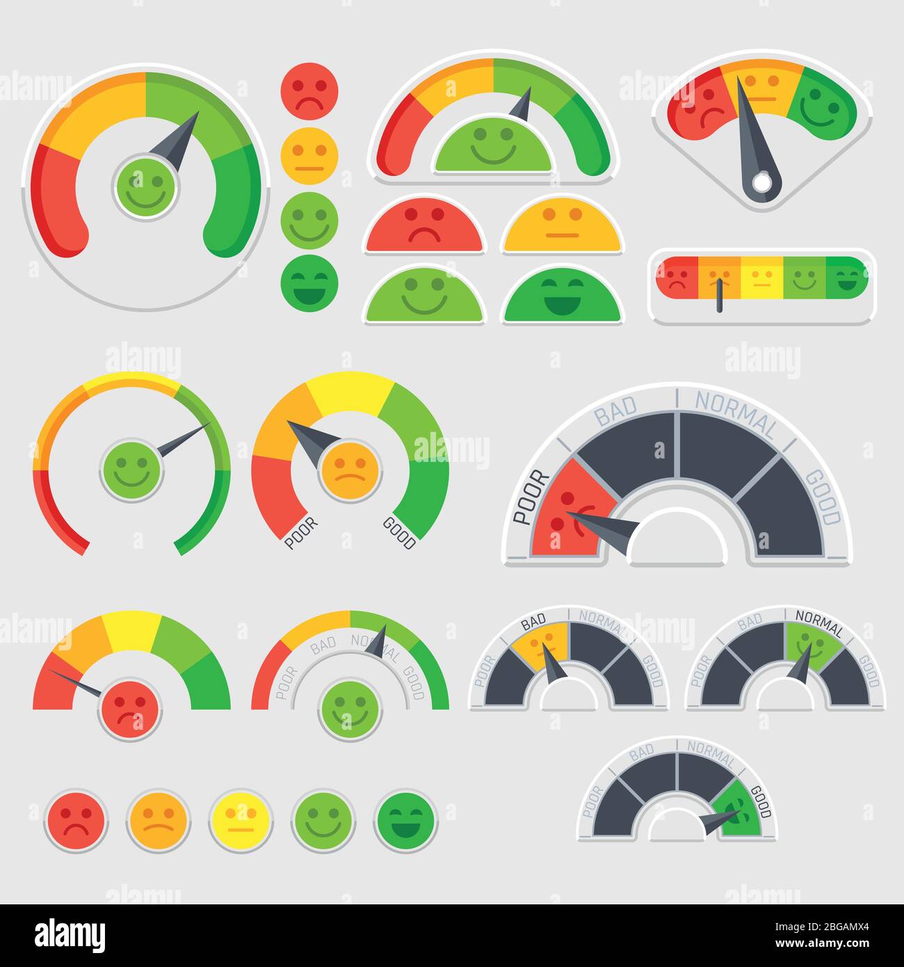 Vektoranzeige für Kundenzufriedenheit mit Symbolen für Emotionen. Emotionale Bewertung des Kunden. Guter und schlechter Indikator, Kredit-Level-Score Abbildung Stock Vektor