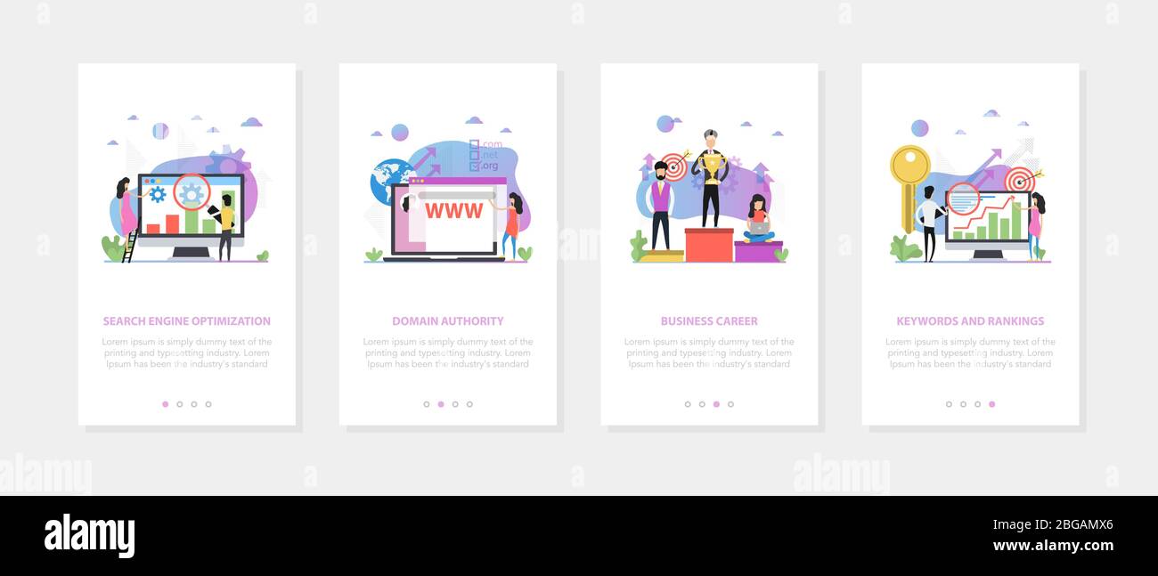 Vector vier vertikale mobile Banner - SEO, Karriere, Domain, Keywords Stock Vektor