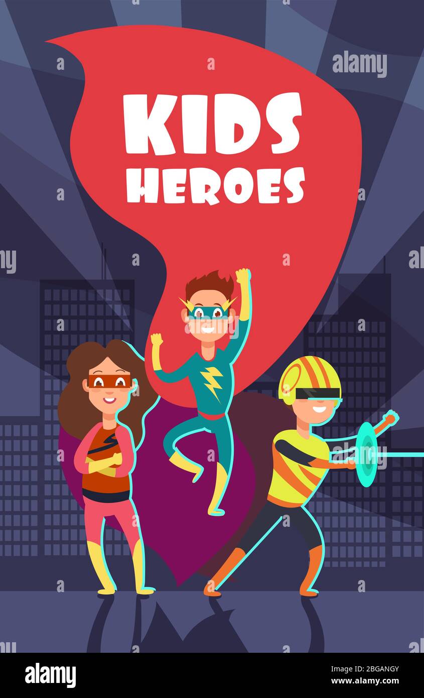 Brave Superhelden Kinder Cartoon Vektor Poster. Team von Superhelden, Charakter Junge und Mädchen zusammen Illustration Stock Vektor