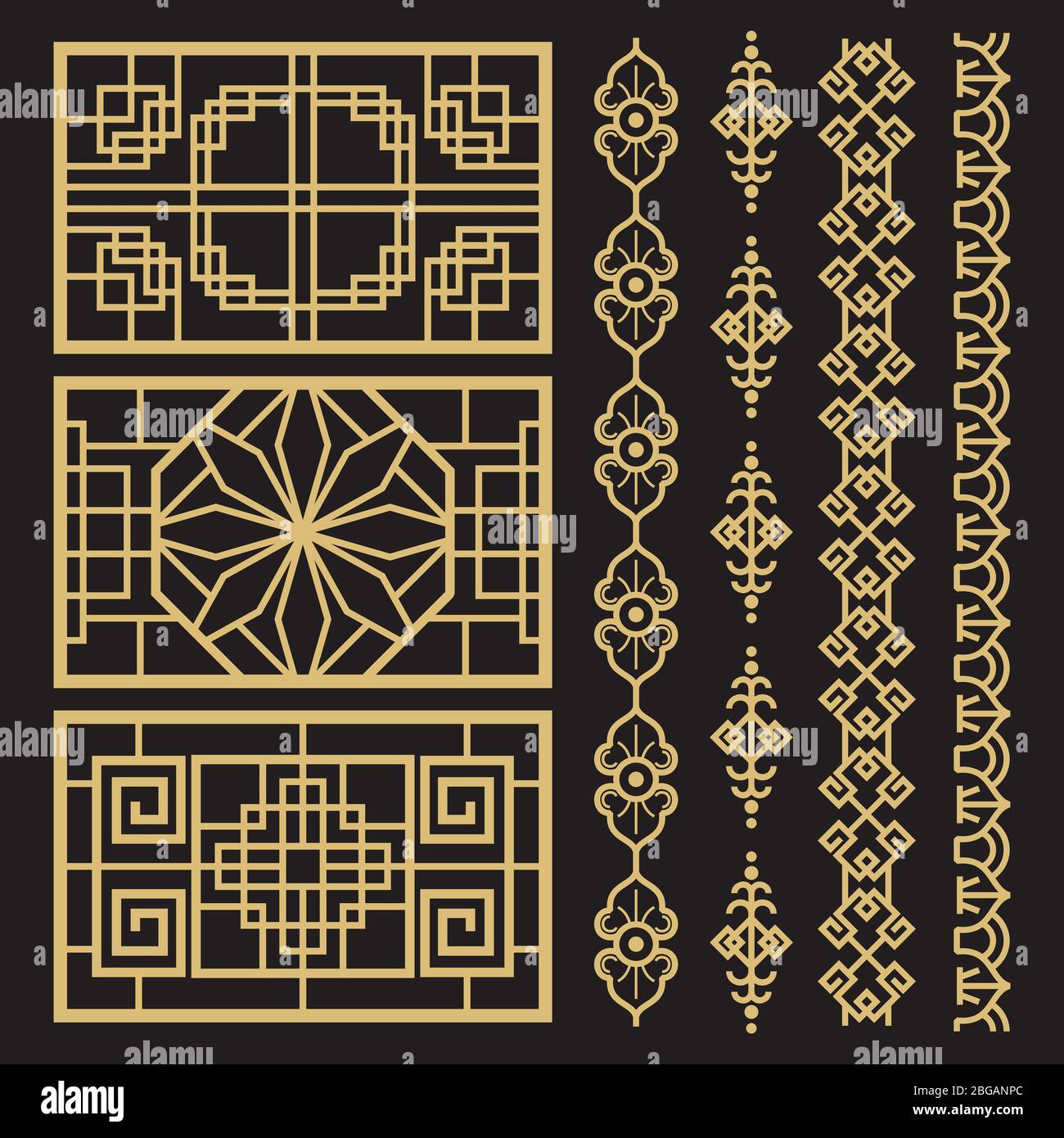 Chinesische Dekoration, traditionelle antike koreanische Bordüren und Rahmen. Traditionelles chinesisches und koreanisches Muster. Vektorgrafik Stock Vektor