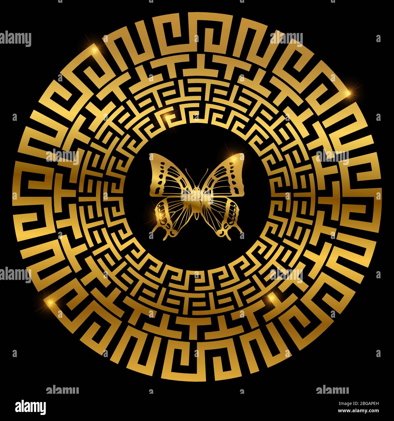 Goldenes altgriechisches Ornament mit glänzendem Schmetterling auf schwarz. Vektorgrafik Stock Vektor