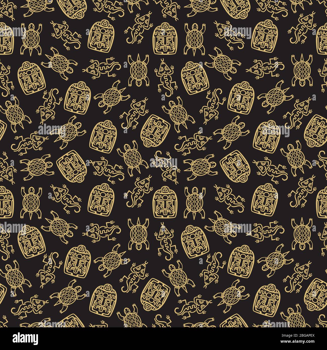 Gold mexikanische traditionelle Symbole nahtlose Muster Hintergrund golden. Vektorgrafik Stock Vektor