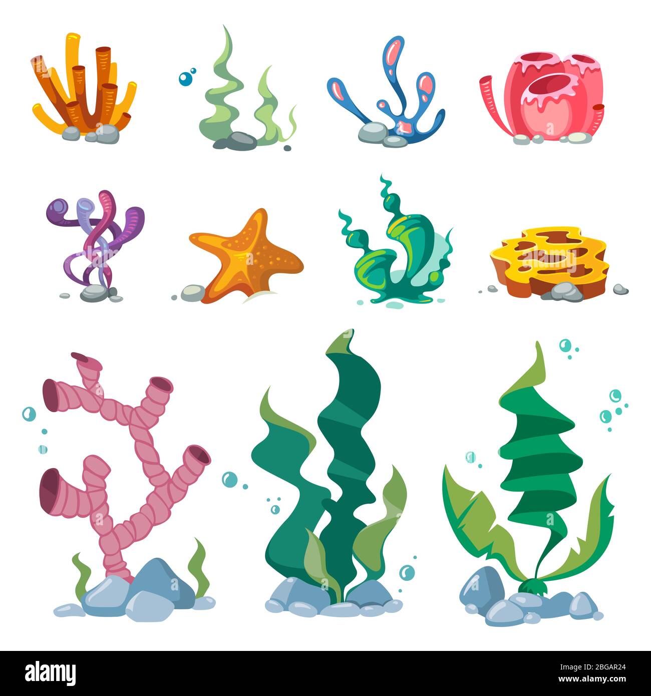 Helle Algen Aquarium Dekoration Cartoon Vektor-Set isoliert auf weißem Hintergrund. Algen für Aquarium, Unterwasser-Wasserflora Illustration Stock Vektor