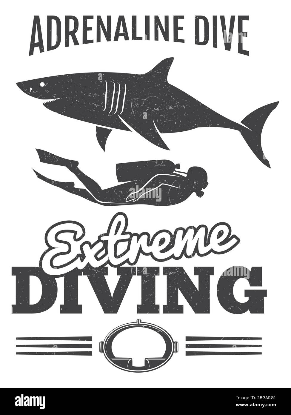 Grunge Vintage Tauchen Poster Design mit Hai und Taucher Mann. Vektorgrafik Stock Vektor