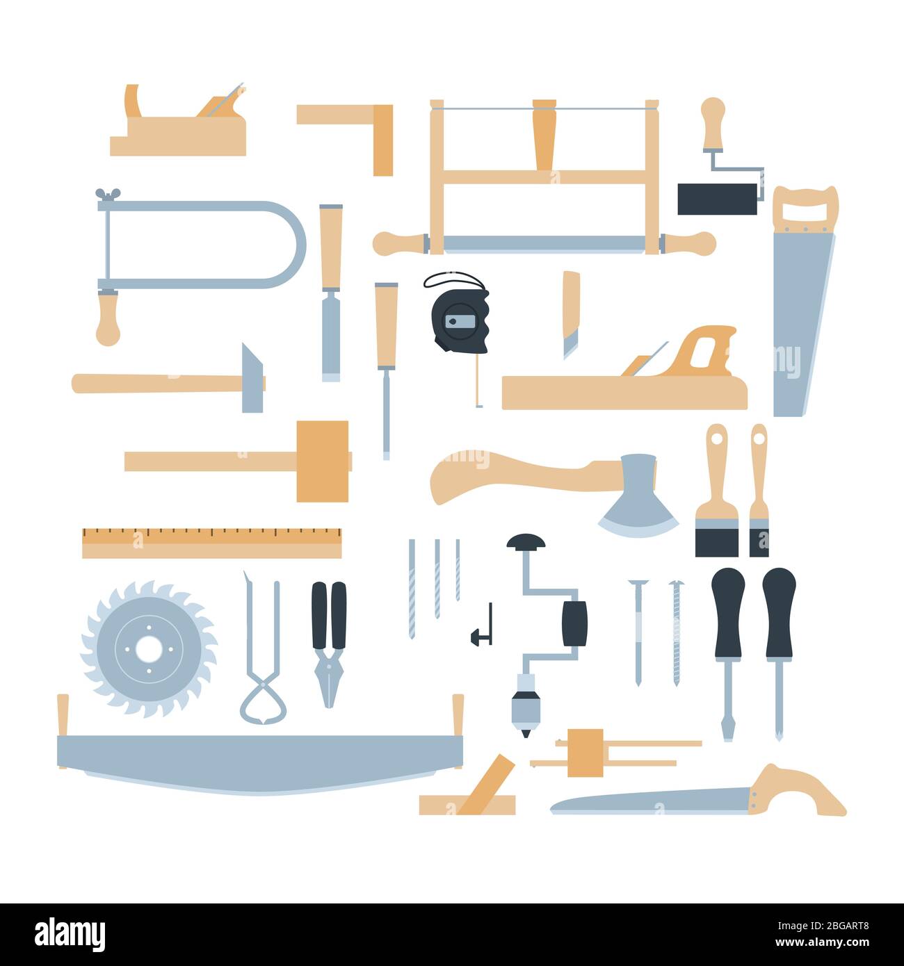 Werkzeugsatz für Holzbearbeitung. Set von Handschreinereiausrüstung in flachem Stil. Vektorgrafik isoliert auf weißem Hintergrund Stock Vektor