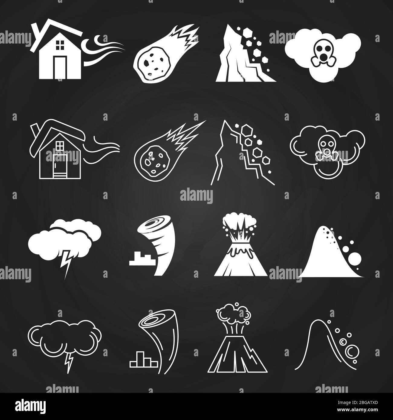 Symbole für Naturkatastrophen auf der schwarzen Tafel im monochromen Stil. Vektorgrafik Stock Vektor