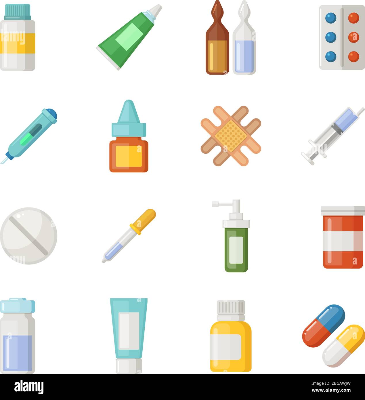Vektorsymbole Satz von Medikamenten. Medikamente und Pillen isolieren auf weißem Hintergrund Stock Vektor