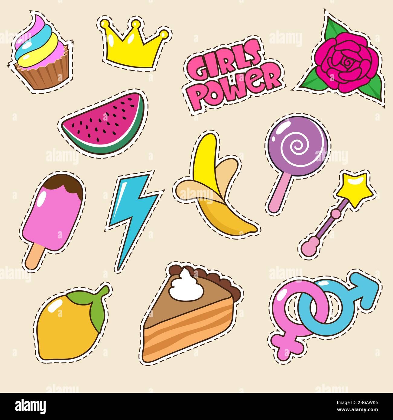 Eis, Prinzessin Krone und Süßigkeiten Lollipop Aufkleber. Vektor Mädchen Mode Patches. Krone und Süßigkeiten, Sammlung Cartoon Abzeichen Illustration Stock Vektor