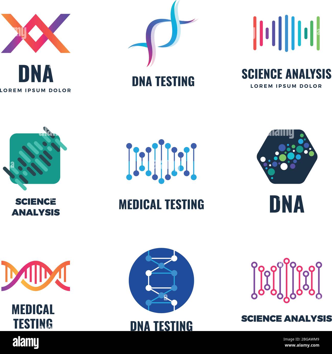 DNA-Code Biotech Vektor Wissenschaft Genetik Logo. Helix Molekül Biotechnologie Embleme mit dna-Genspirale, Biotechnologie Genom Chromosom. Vektorgrafik Stock Vektor