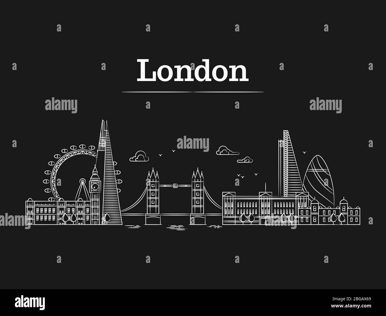 Weiße lineare Londoner Skyline mit berühmten Gebäuden, Tourismus-england Wahrzeichen auf schwarzem Untergrund. Vektorgrafik Stock Vektor