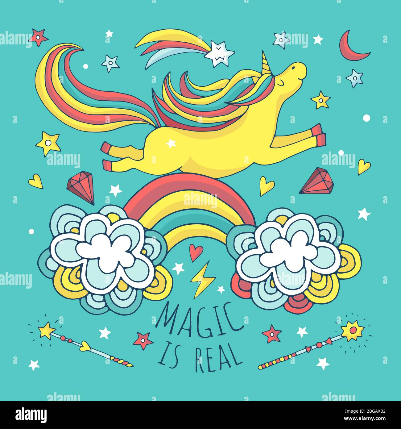 Magic Vektor Hintergrund, Poster mit Einhorn und Regenbogen Stock Vektor