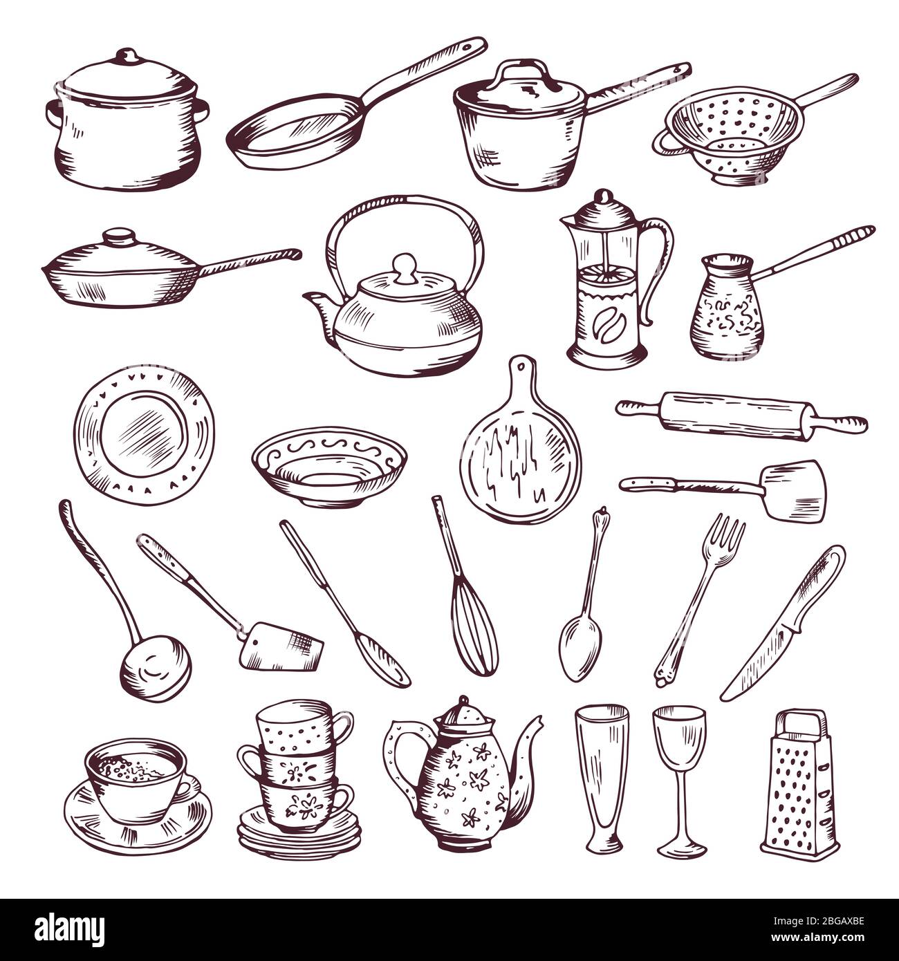 Hand gezeichnete Vektor-Illustration von Küchengeräten isolieren auf weißem Hintergrund Stock Vektor