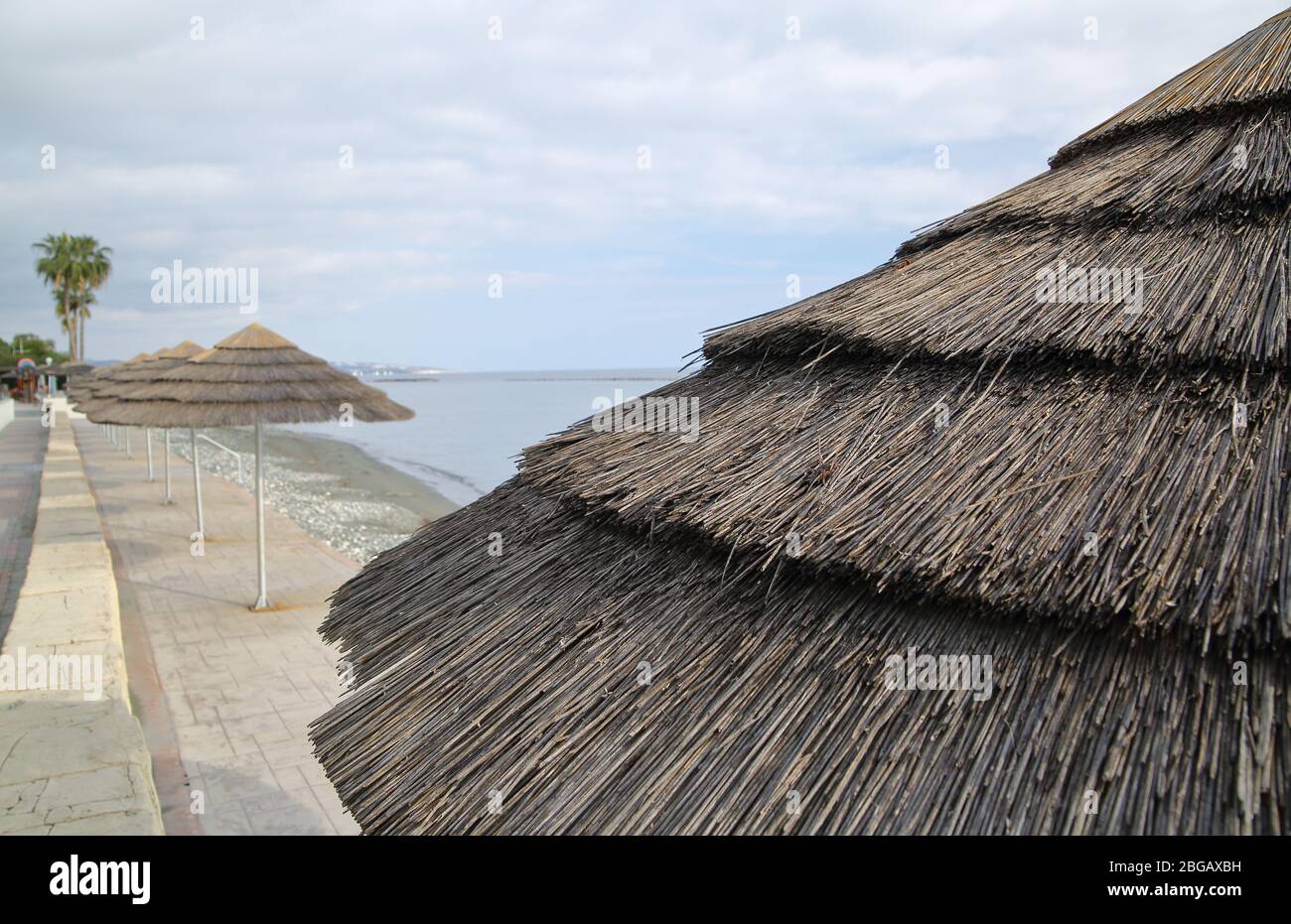 Schilf-Strandschirme am leeren Strand, ohne Menschen, Paphos, Zypern, beliebter Urlaub Sommerresort. Stockfoto