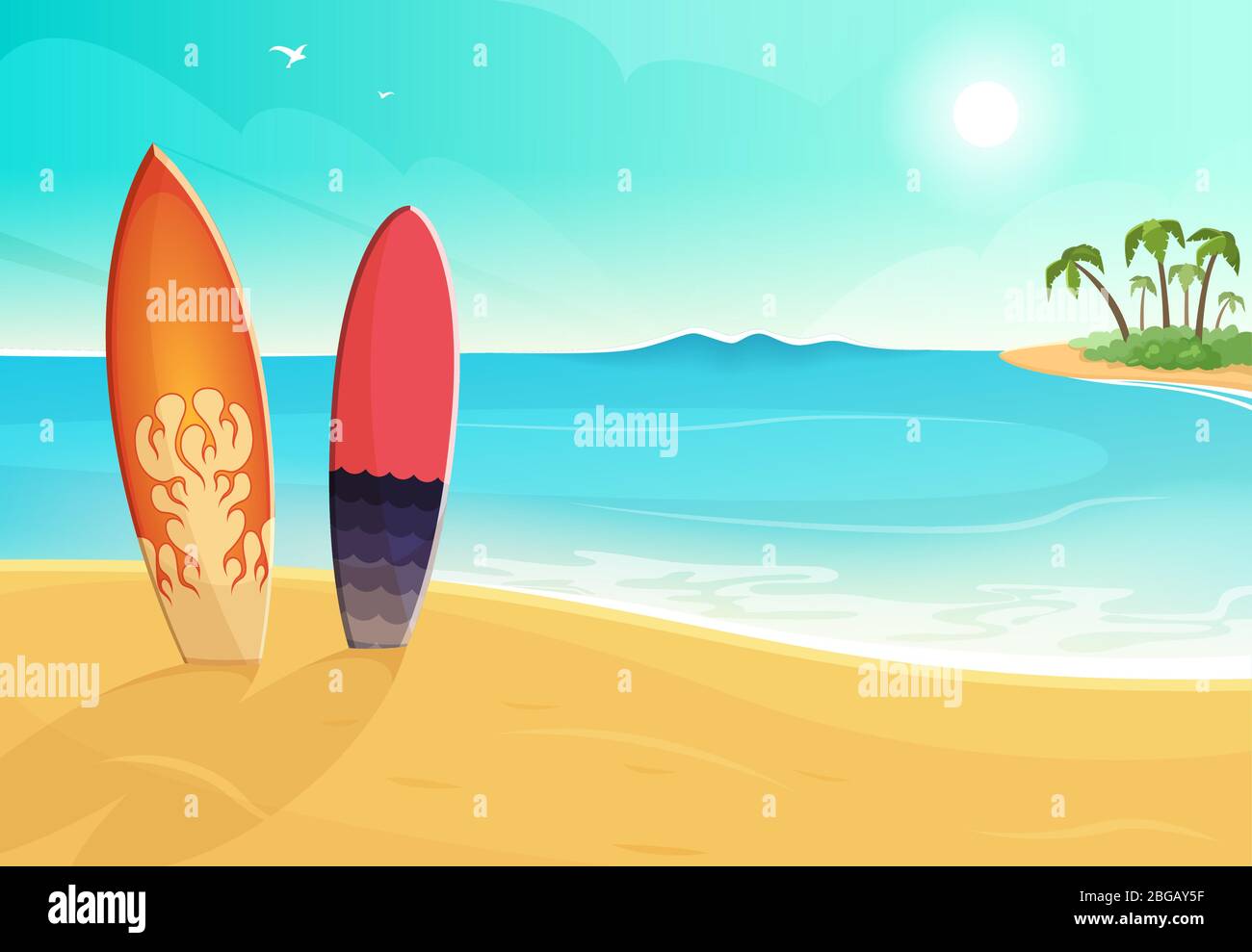 Surfbretter in verschiedenen Farben. Meer und Sandstrand. Vektor Sommer Hintergrund Illustration Stock Vektor