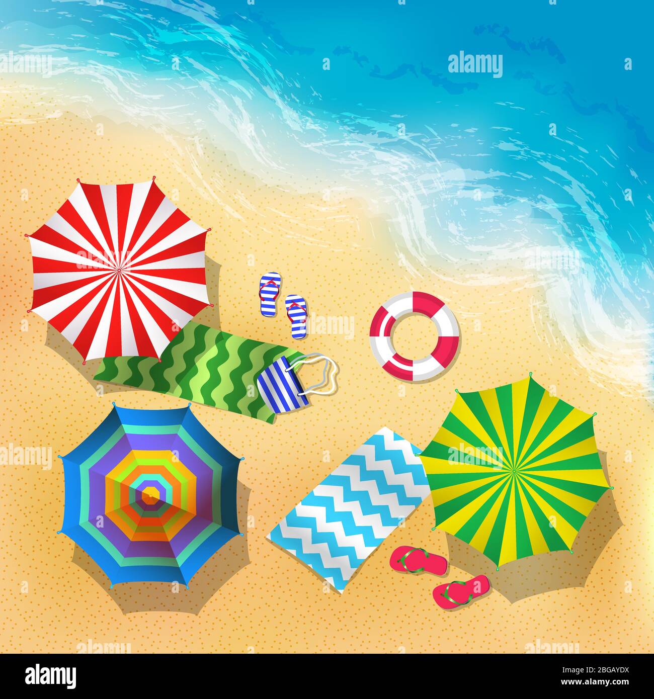 Draufsicht Vektor-Illustration von Strand, Sand und Sonnenschirm. Sommer Hintergrund Stock Vektor