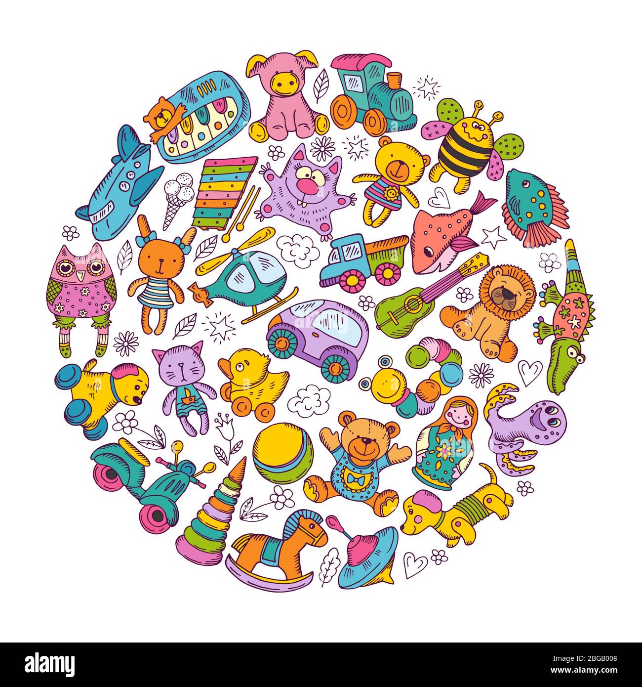 Kinder Spielzeug Symbol in Kreisform gesetzt. Vektorgrafiken zum Kritzeln Stock Vektor
