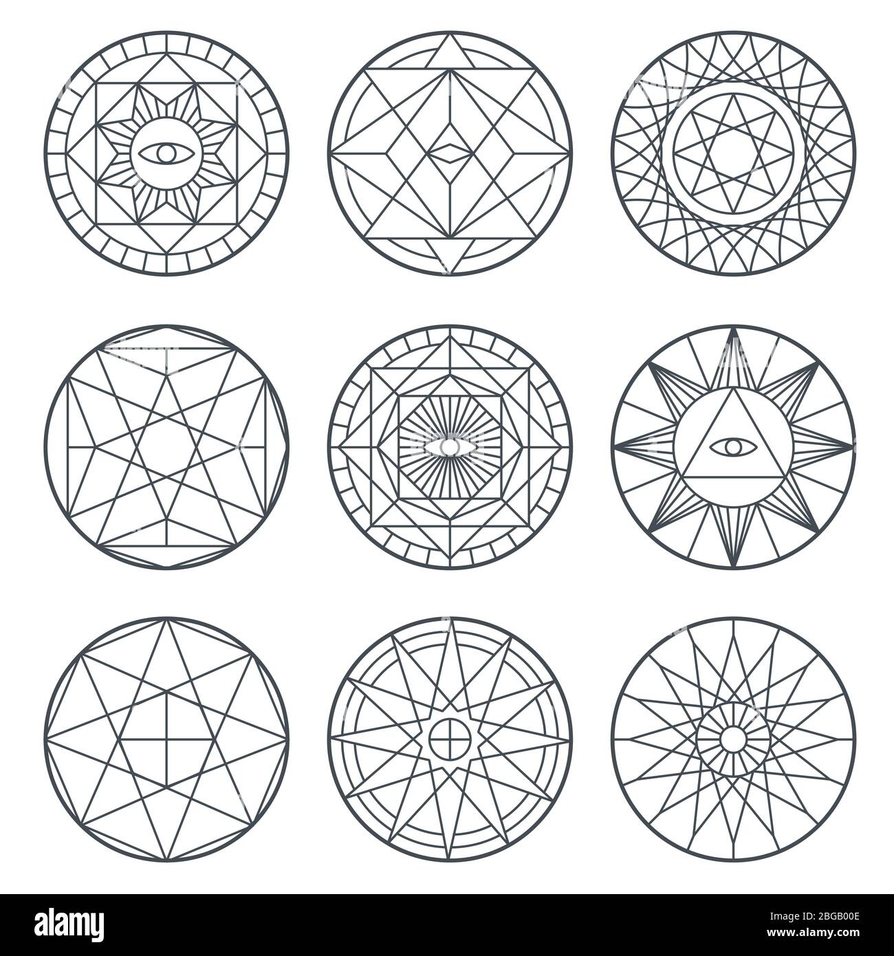 Spirituelle Alchemie Vektor-Symbole. Mittelalterliche Geometrie heilige Vektor-Logos. Mystische Geometrie Religion Sing Sammlung Illustration Stock Vektor