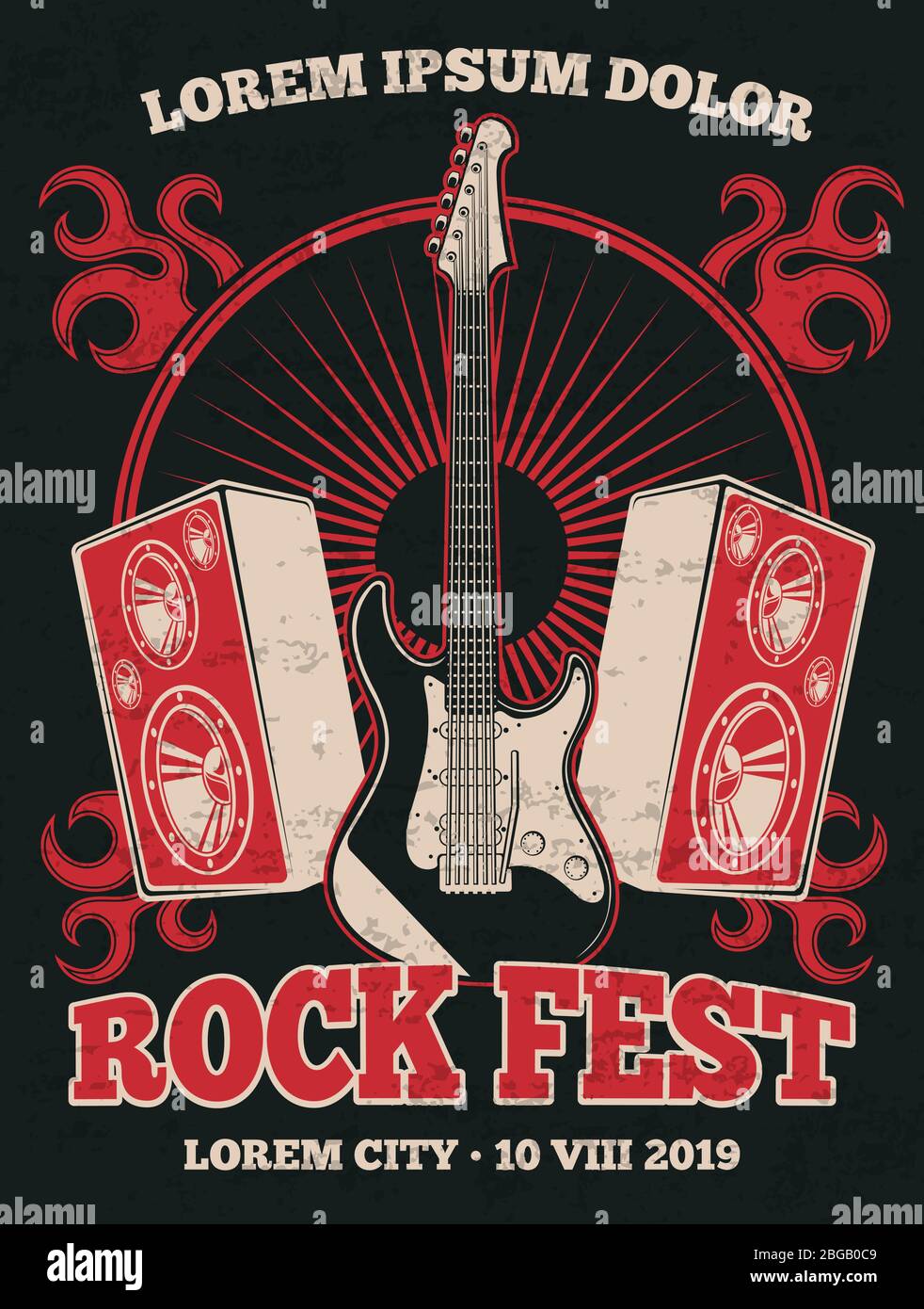 Retro Rock Band Vektor Poster mit Gitarre. Rock Musik Festival Grunge Illustration Banner in rot schwarz Stock Vektor