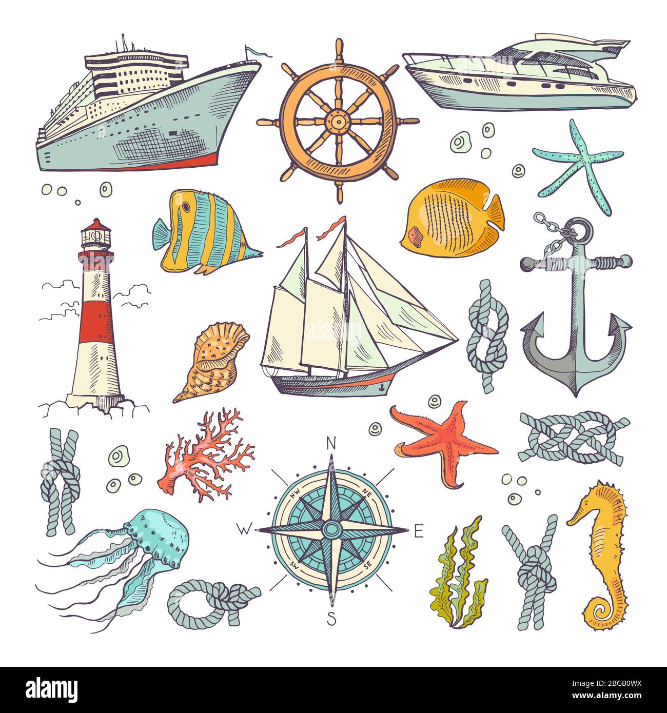 Marine Färbung Kritzelset mit verschiedenen nautischen Elementen, Kompass und Leuchtturm. Unterwasser Tiere Vektor-Set Stock Vektor