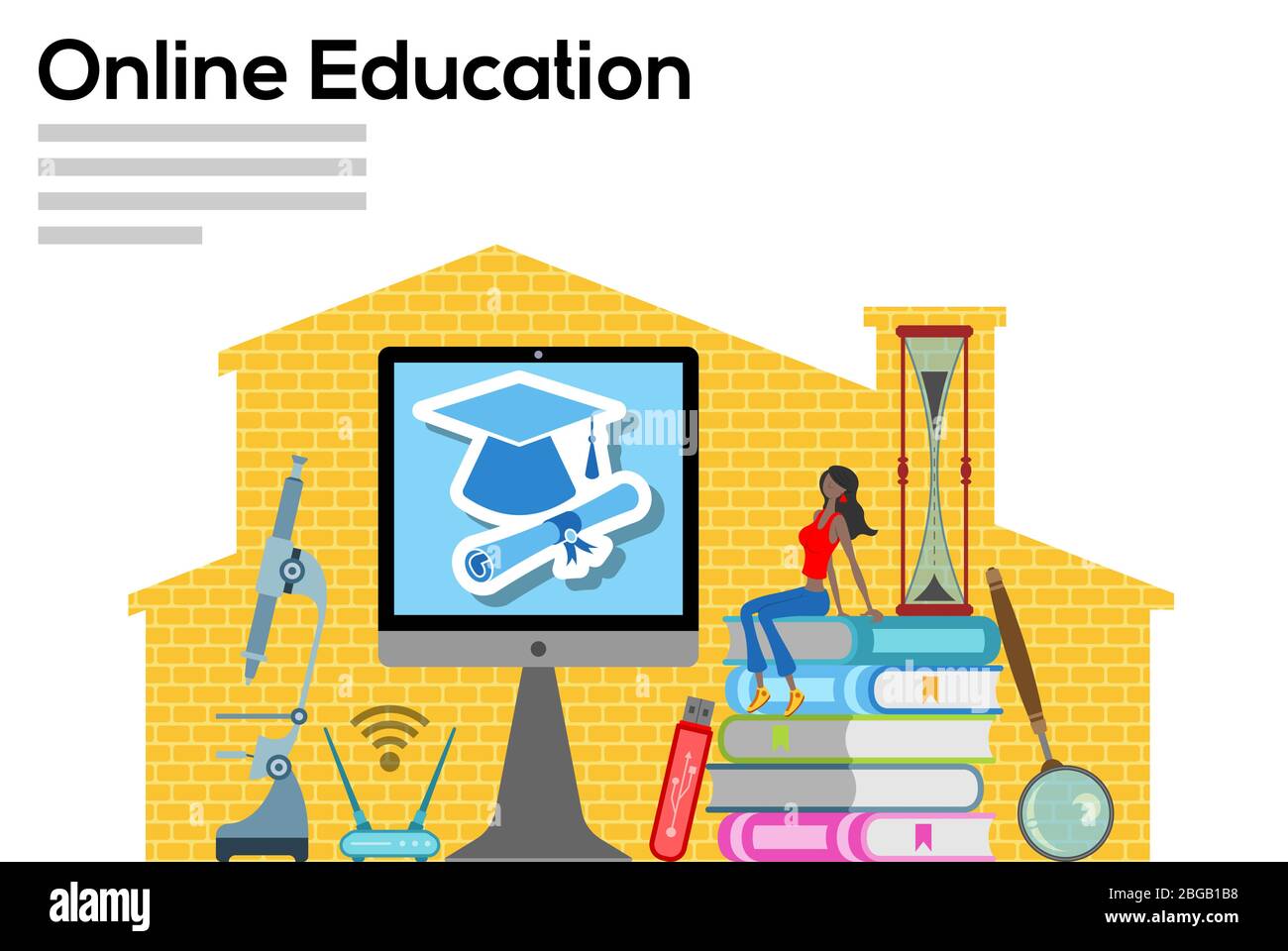 Online-Schulung mit Computer am Arbeitsplatz. Alle Objekte, Schatten und Hintergrund befinden sich in verschiedenen Ebenen und die Texttypen benötigen keine Schriftart. Stock Vektor