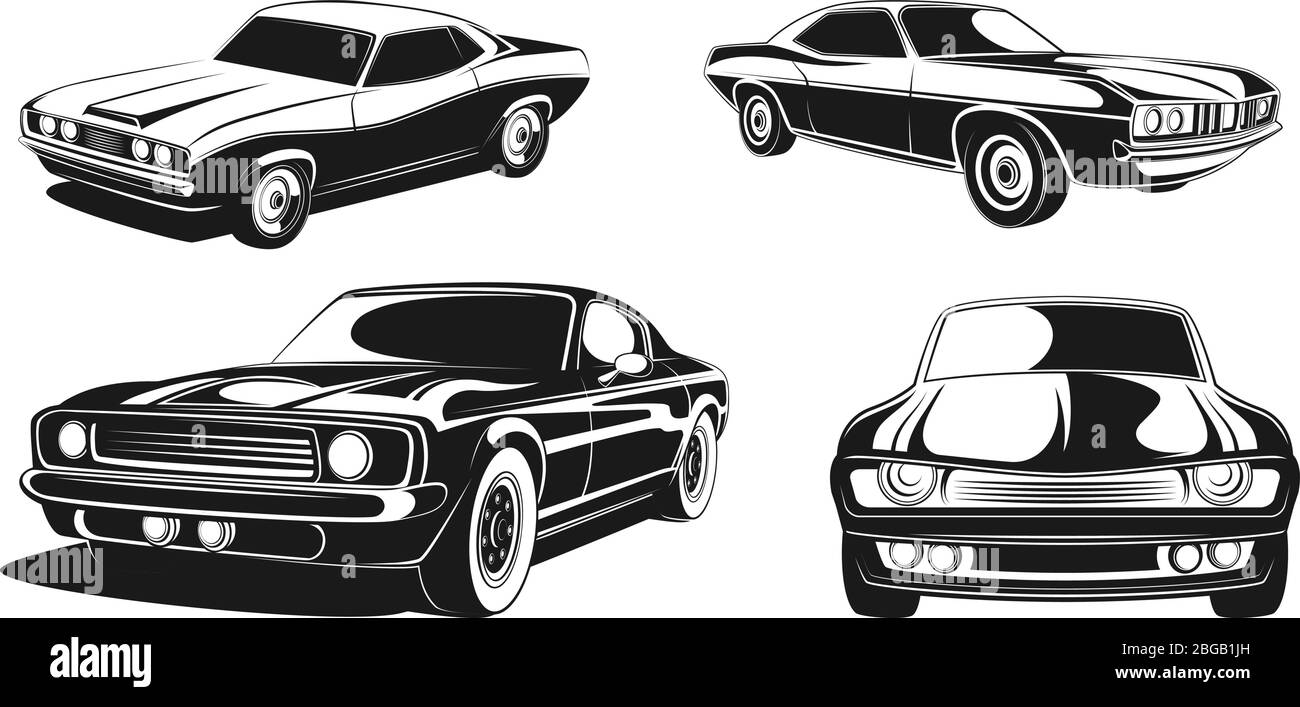 Monochrome Illustration Set von Retro-Muscle-Autos. Schwarzer Vektor Stock Vektor