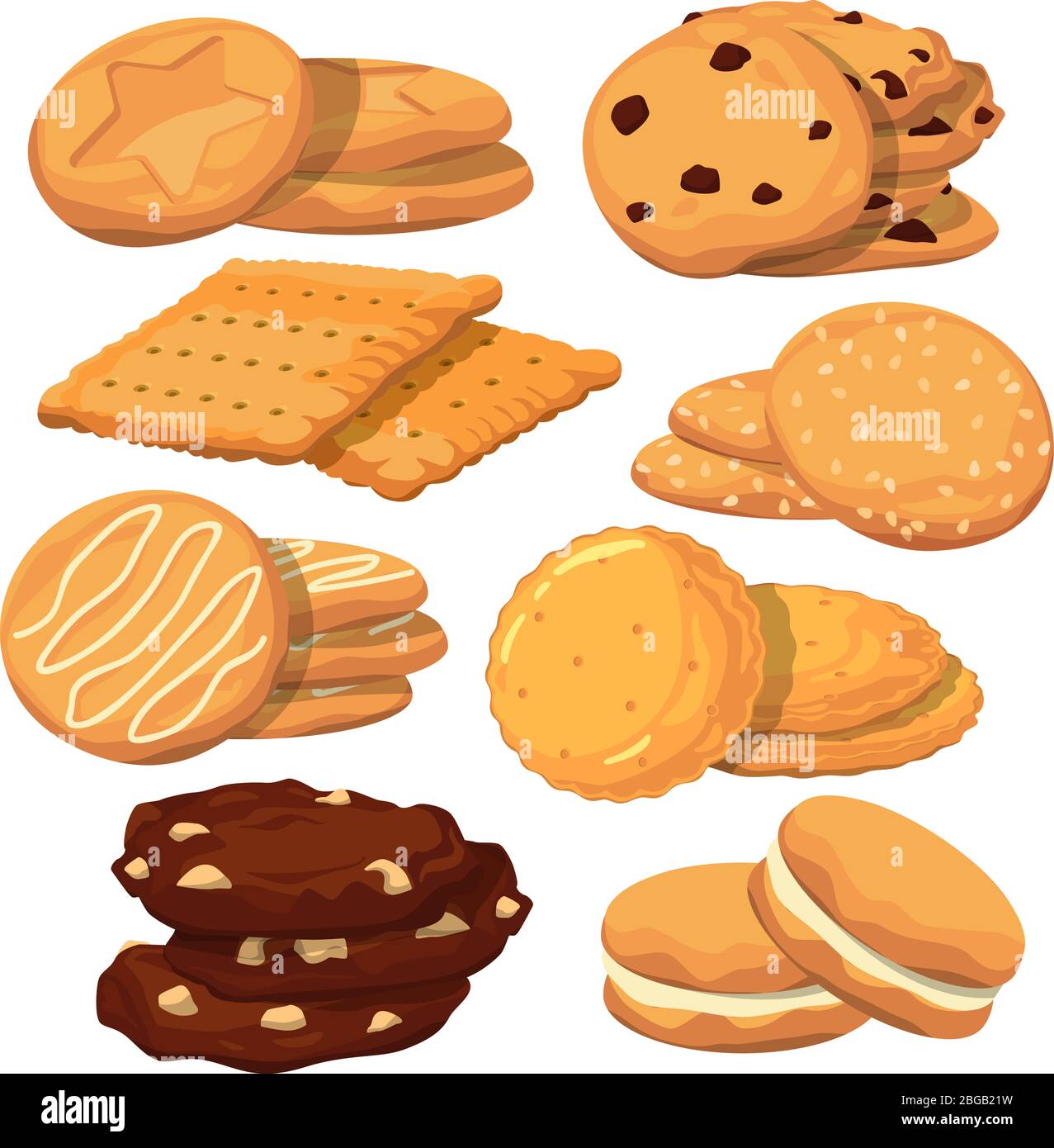 Verschiedene Cookies im Cartoon-Stil. Vektorsymbole setzen Isolieren auf Weiß Stock Vektor