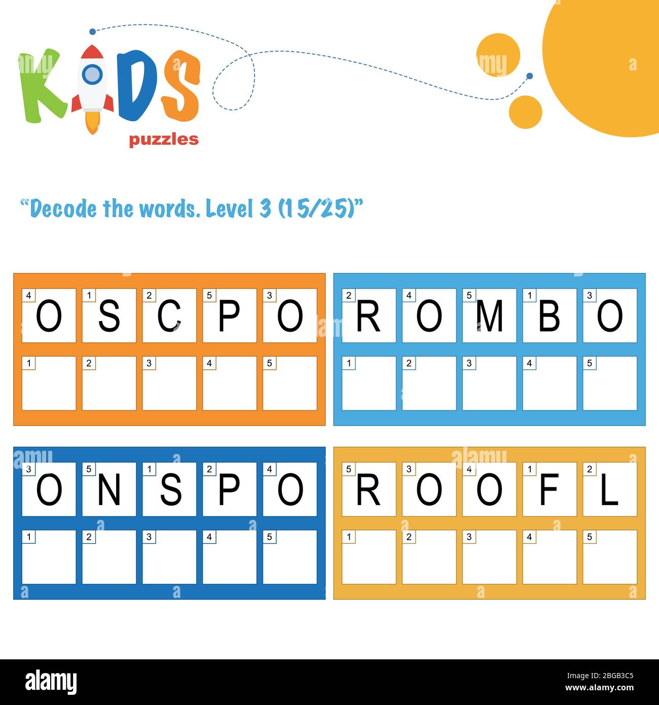 Dekodieren Sie die 5-Buchstaben-Wörter. Arbeitsblattübung für Kinder im Vorschulalter, in der Grundschule und in der Mittelstufe. Spaß Logik Puzzle Aktivität Blatt. Stock Vektor