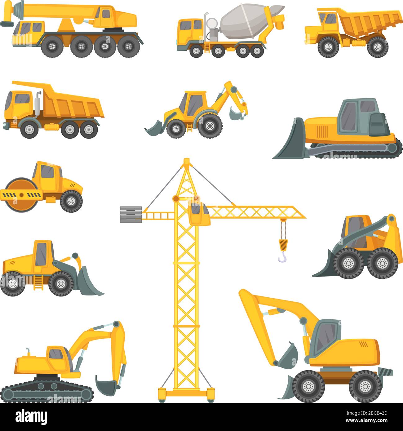 Schwere Baumaschinen. Bagger, Planierraupe und andere Technik. Vektor-Illustrationen im Cartoon-Stil Stock Vektor