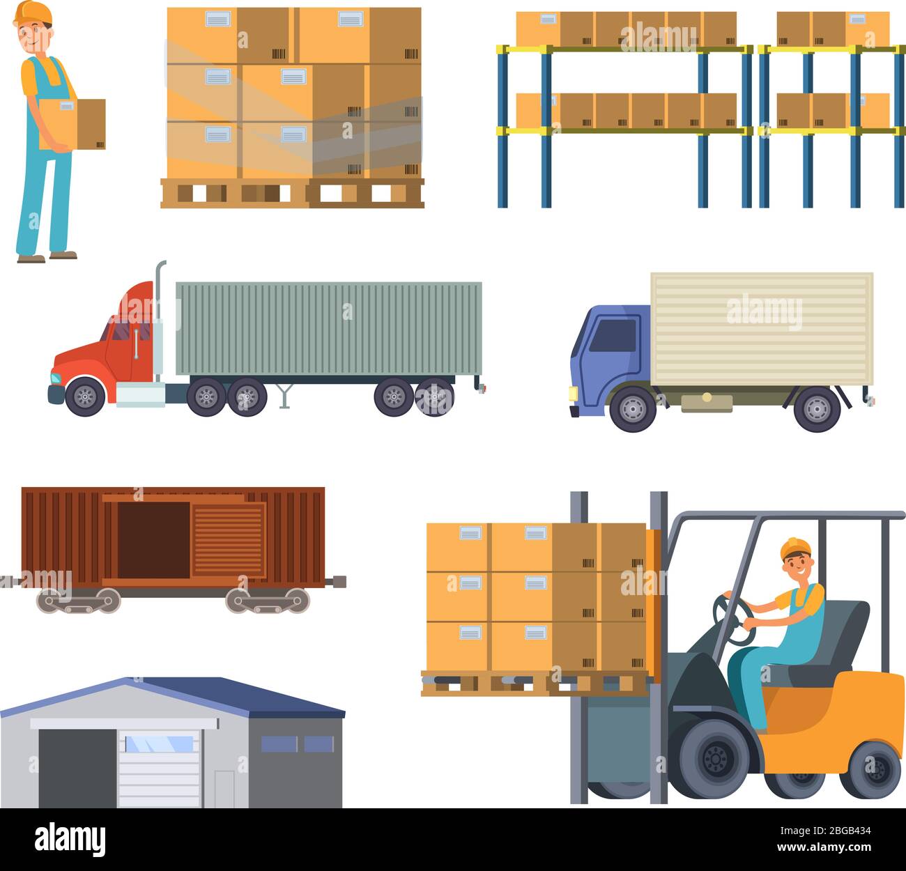 Lager- und Logistikprozesse. Arbeiter mit Paketen. Verschiedene spezifische Fahrzeuge Stock Vektor