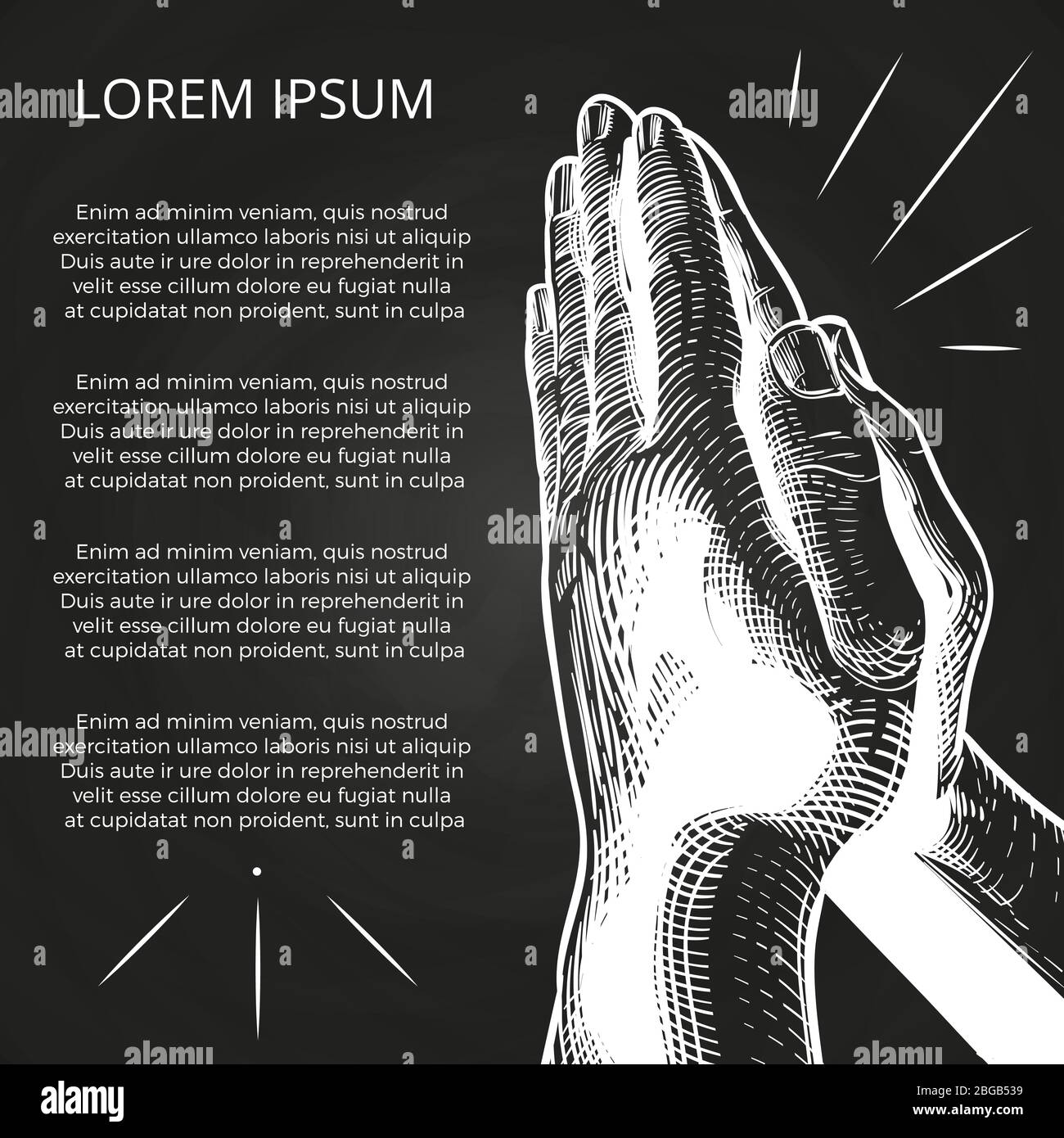 Weiße betende Hände, Gebet auf der bibel, Segenshände Religiöse Hand gezeichnete Tafel Poster. Vektorgrafik Stock Vektor
