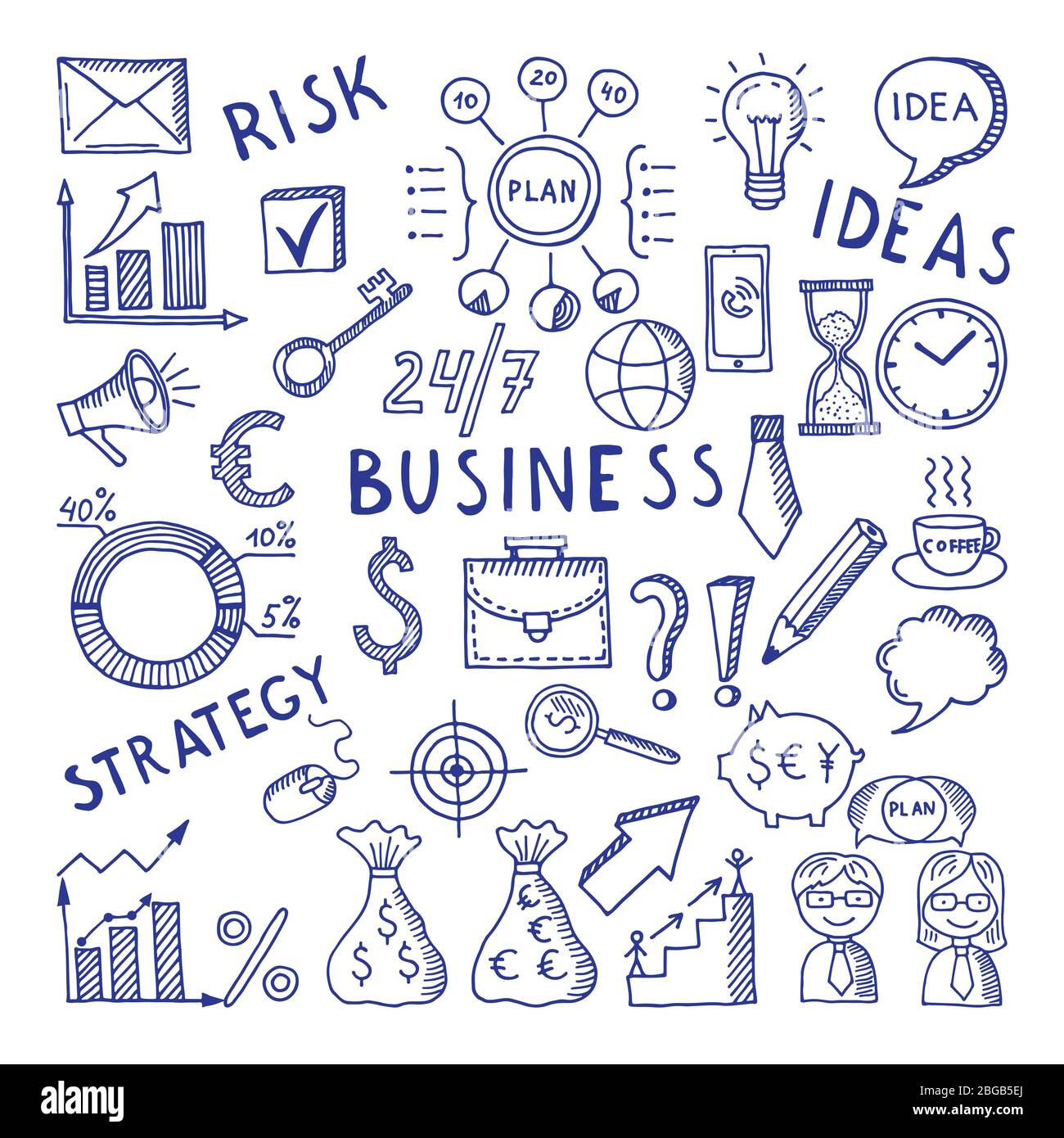 Skizzen Illustrationen zum Thema Business. Kreatives Doodle Vektor Symbol gesetzt Stock Vektor