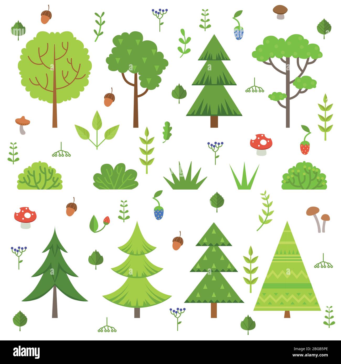 Verschiedene Waldpflanzen, Bäume Pilze und andere florale Elemente. Cartoon Vektor Illustration isolieren auf weiß Stock Vektor