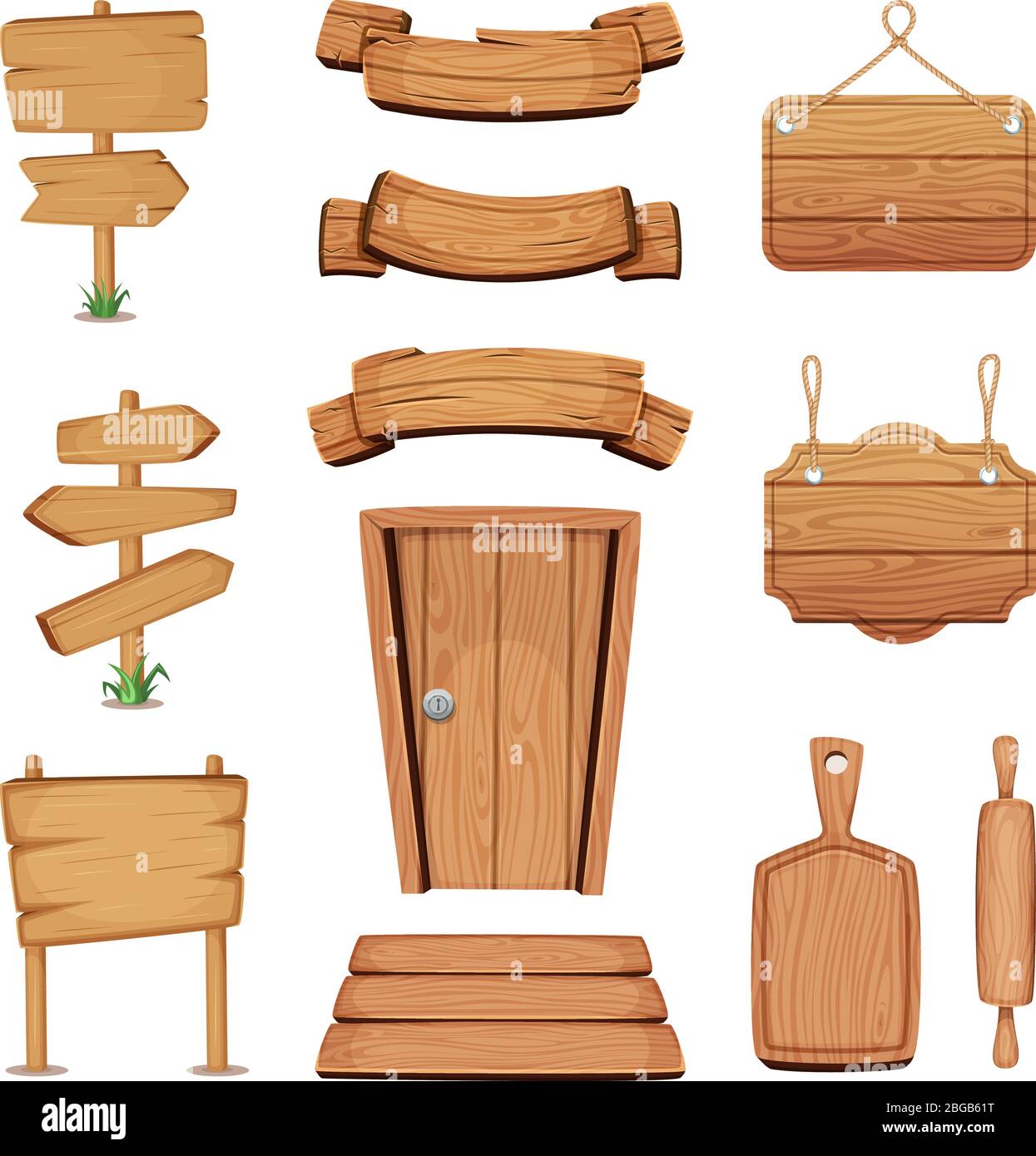 Vektor-Illustration von Holzschildern, Türen, Platten und anderen verschiedenen Formen mit Holzstruktur Stock Vektor