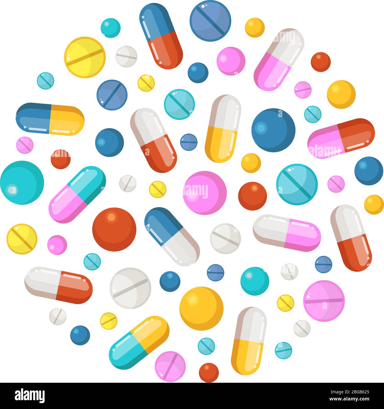 Gesunde Elemente in Kreisform Hintergrund. Vektor-Symbole von Drogen, lange Tabletten und runde Pillen Stock Vektor